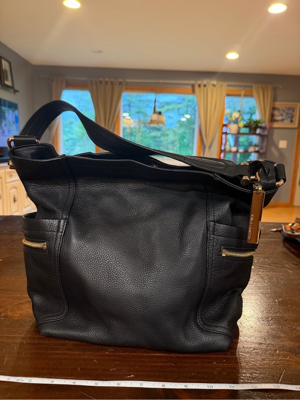 Vince Camino Black Pebbled Leather Shoulder Bag with Gold Hardware